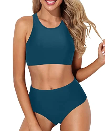 Women’s bikini bottoms plus size mesh glow -Tank Style Sporty High Waisted Bikini Set Full Coverage Bottom-Teal