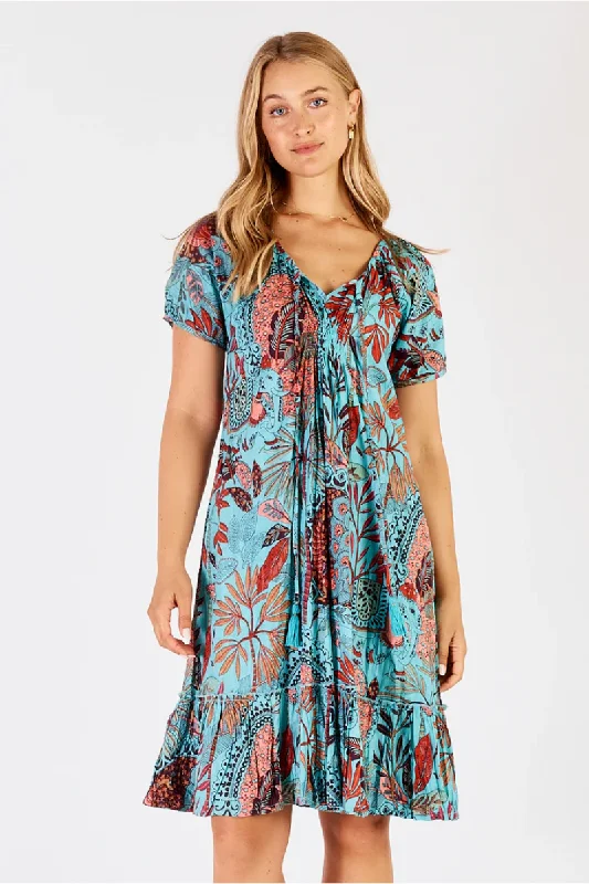 Women’s cover-up wrap linen glow -Lula Life Gina Shirred Printed Lagoon Dress