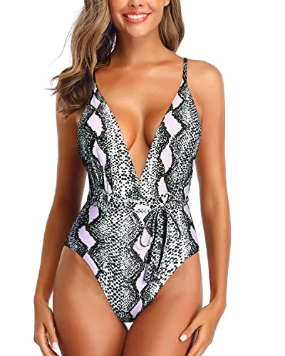 ladies one-piece swimsuit bold grip -Backless One Piece Swimsuits For Women V Neck Criss Cross Swimwear-Light Pink Snake Print