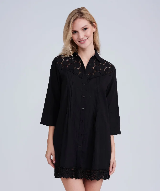 Women’s cover-up resort studded glow -Black Lace-Trimmed Shirt Dress