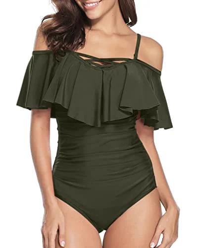 ladies one-piece swimsuit long length -Adjustable Spaghetti Shoulder Strap One Piece Swimsuit Off Shoulder Swimsuit-Army Green