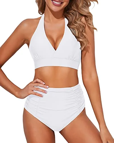 Women’s bikini bottoms embroidered embossed chic -High Waisted Bikini Bottoms Ruching Women's Bikini Swimsuits-White