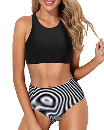 Women’s bikini bottoms striped perforated soft -Racerback High Neck Sporty Bikini Set High Waisted Bottom-Black Stripe