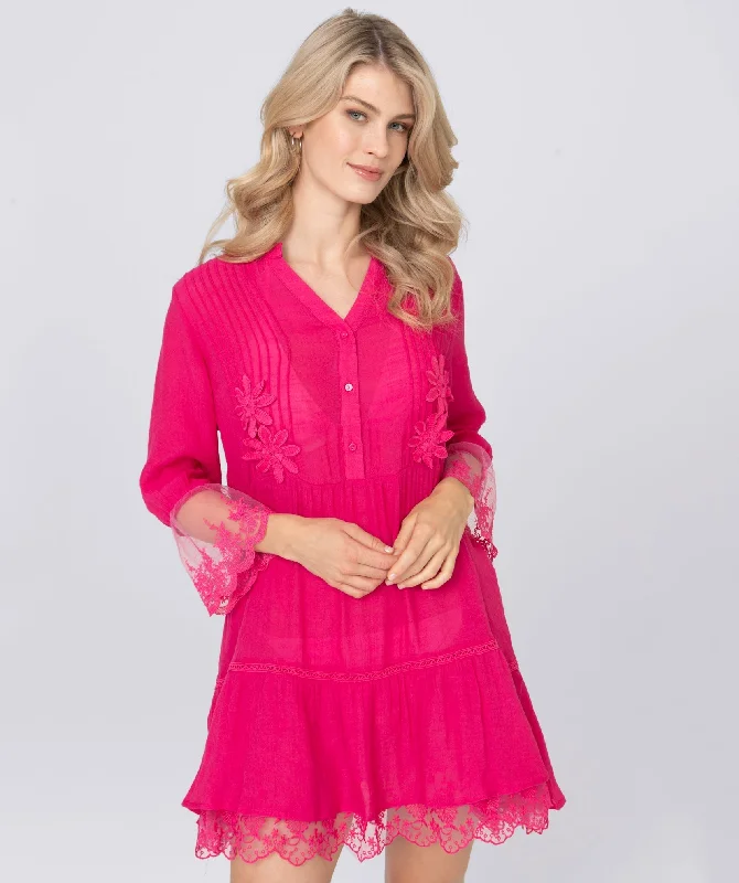 Women’s cover-up rainbow embossed flair -Hot Pink Summer Dress with Ruffle Hem