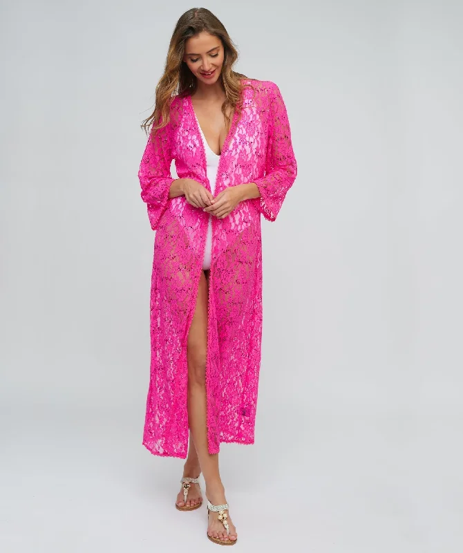 Women’s cover-up artisanal embossed chic -Fuchsia Sequin Lace Kimono