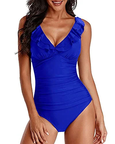 ladies one-piece swimsuit ruby glow -Flounce V Neck One Piece Swimsuits For Women-Royal Blue