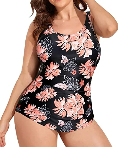 ladies one-piece swimsuit netted front -Backless Plus Size One Piece Bathing Suit For Women-Black Orange Floral