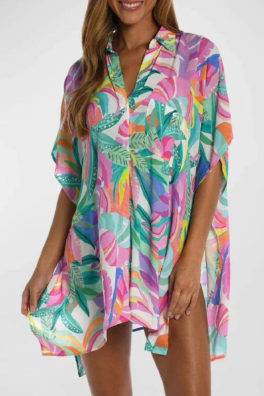 Women’s cover-up romantic mesh glow -Multicolor Tropical Print Button-up Short Sleeve Beach Cover Up