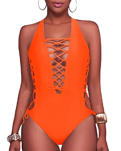 ladies one-piece swimsuit full arms -Lace Up Monokini Plunge V Neck One Piece Swimsuits-Neon Orange