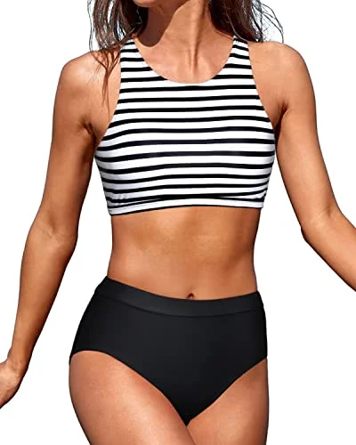 Women’s bikini bottoms petite studded flair -Tummy Control Swimsuits Bottom 2 Piece Bathing Suits For Teen Girls-Black And White Stripe