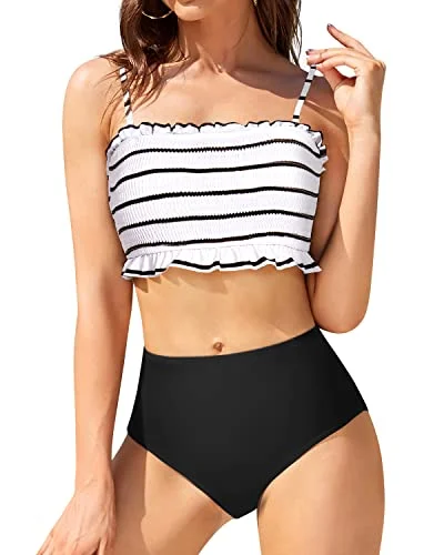 Women’s bikini bottoms sexy perforated chic -Removable Padded Bandeau Bikini Set High Waisted Bottoms-Black And White Stripe