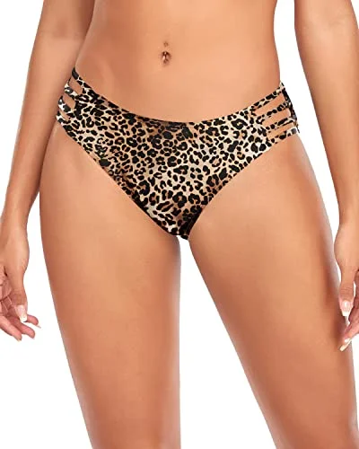 Women’s bikini bottoms cheetah embossed chic -Sexy Strappy High Cut Low Waist Bikini Bottoms-Leopard