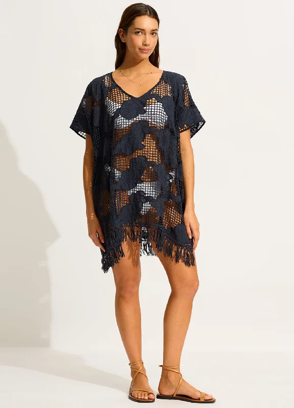 Women’s cover-up hooded studded glow -Mesh Kaftan - True Navy