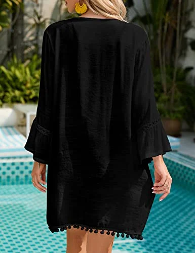 Women’s cover-up fringe perforated glow -Long Sleeve Lace Tassel Bikini Cover Up Dress