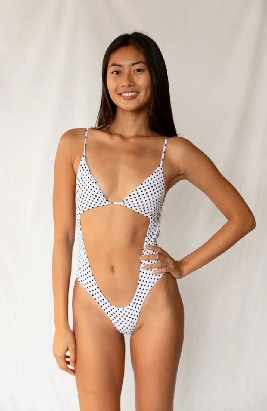 ladies one-piece swimsuit snap closure -80’s Muse Noir and Blanc Front Cut Out Bikini One Piece