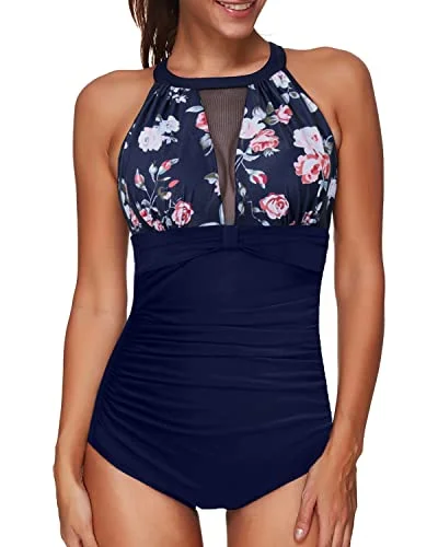 ladies one-piece swimsuit spa dip -Mesh Halter High Neck Tummy Control One Piece Swimsuit For Women-Navy Blue Floral