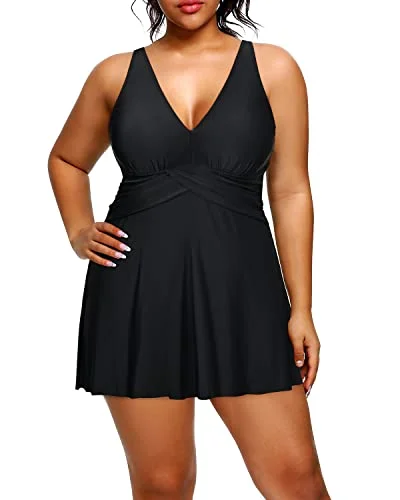 ladies one-piece swimsuit low cost -Women's One Piece Plus Size Swim Dress With Tummy Control Bathing Suit-Black