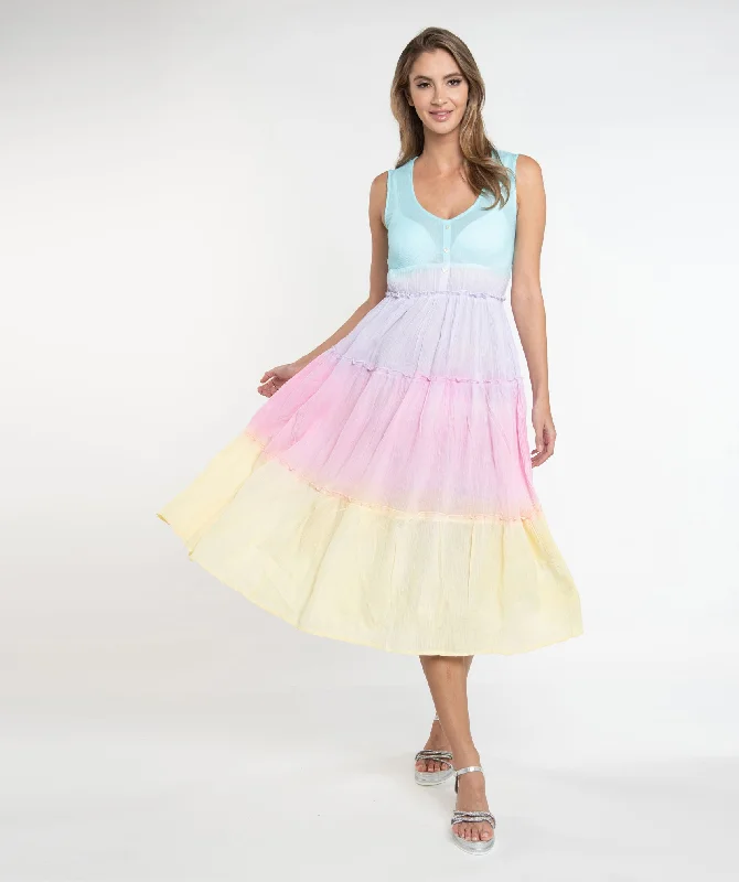 Women’s cover-up mustard satin chic -Pastel Rainbow Crinkle Cotton Midi Sun Dress