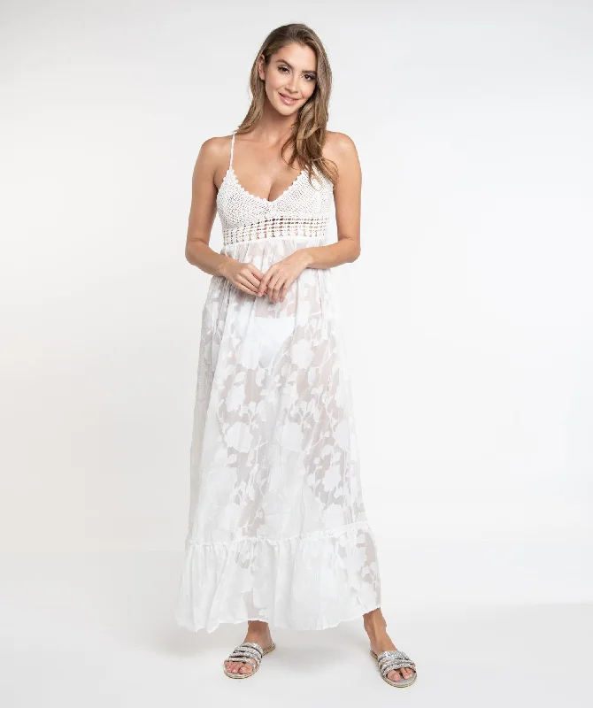 Women’s cover-up water shoe linen chic -White Floral Lace Slip-on Maxi Dress