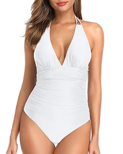 ladies one-piece swimsuit studded trim -Halter V Neck Sexy Plunge One Piece Swimsuit Women Tummy Control-White