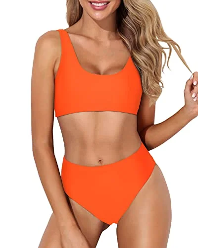 Women’s bikini bottoms artistic studded chic -Two Piece Scoop Neck Bikini High Waisted Bottoms For Long Torso-Neon Orange