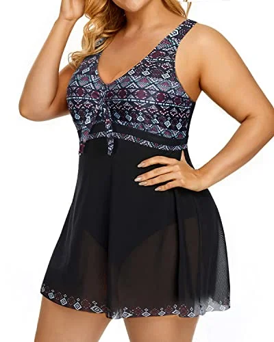 ladies one-piece swimsuit flax blend -V Neck Plus Size One Piece Bathing Suits For Women-Black Tribal