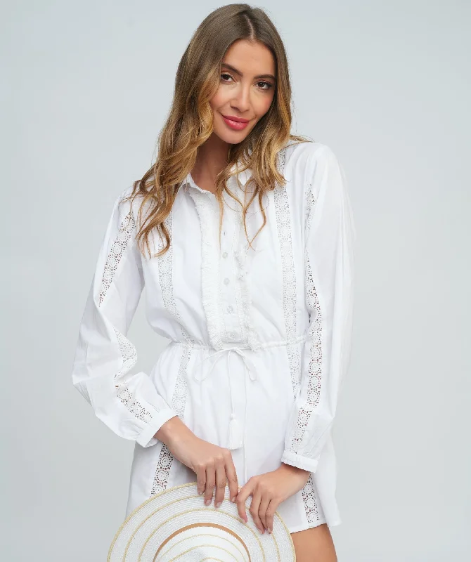 Women’s cover-up sarong perforated chic -White Cotton Beach Tunic Cover-up