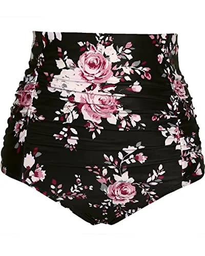 Women’s bikini bottoms amber satin chic -Vintage High Waisted Swim Bottom For Women-Black And Pink Floral