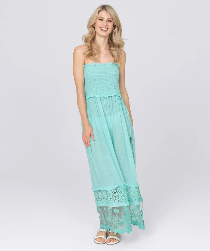 Women’s cover-up breathable linen flair -Turquoise Strapless Slip-On Maxi Dress