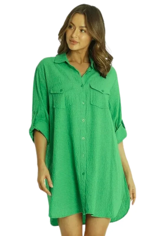 Women’s cover-up olive textured flair -Sunseeker Reset Button Through Shirt Green