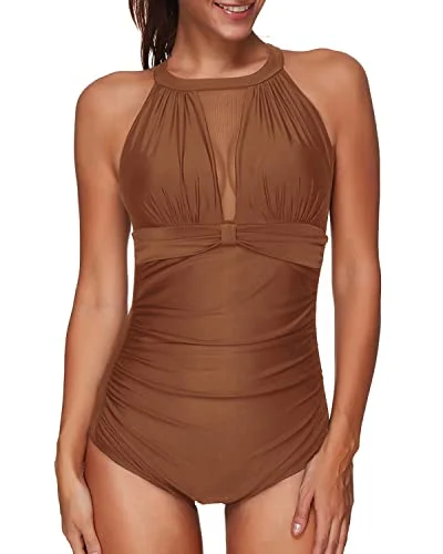 ladies one-piece swimsuit flight swim -Halter Neck Mesh One Piece Swimwear For Women-Brown