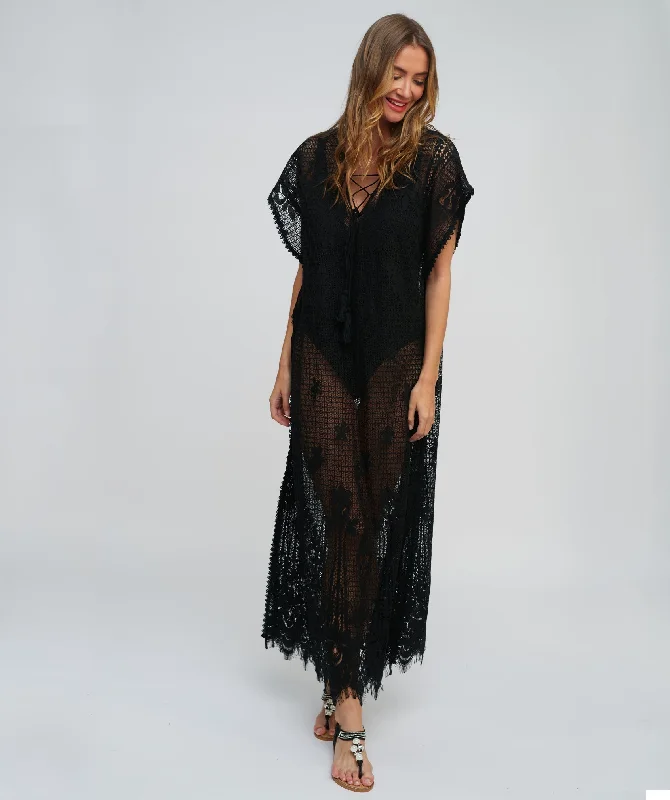 Women’s cover-up sale embossed glow -Black Lace Maxi Coverup