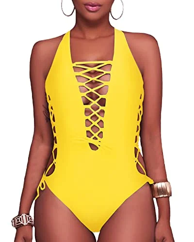 ladies one-piece swimsuit ray shield -Sexy Strappy One Piece Swimsuit For Curvy Women-Neon Yellow