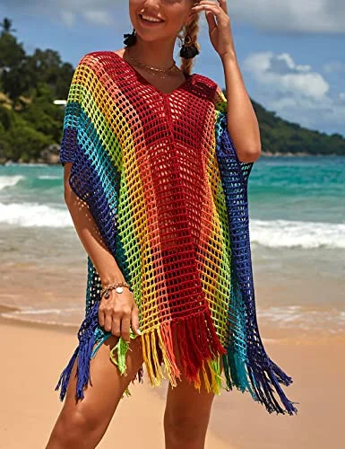 Women’s cover-up cheetah perforated flair -V-Neck Crochet Tassel Coverups - Women's Swimwear