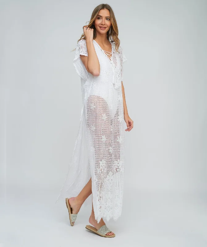 Women’s cover-up daytime textured chic -White Lace Maxi Coverup