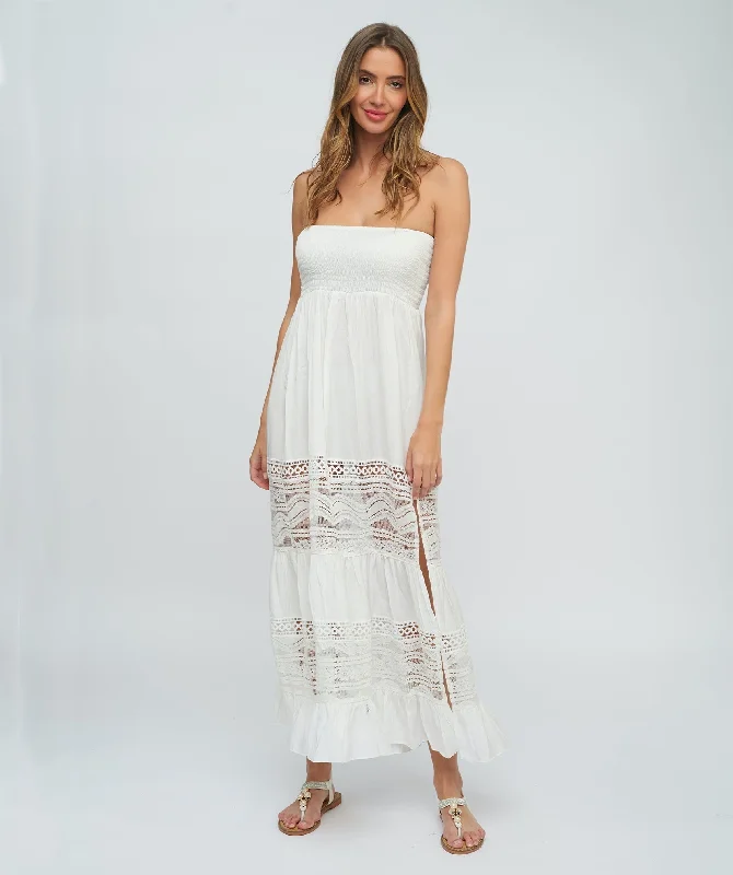 Women’s cover-up summer embossed glow -White Strapless Maxi Dress with Empire Waist