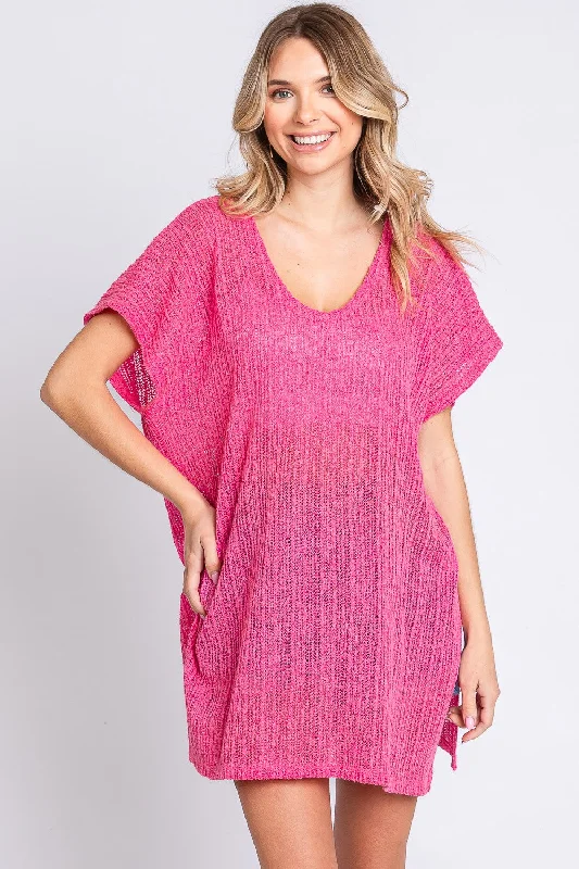 Women’s cover-up wave perforated glow -GeeGee Short Sleeve Side Slit Knit Cover Up Dress