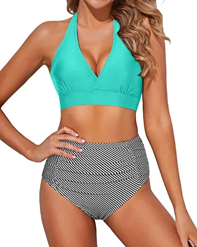 Women’s bikini bottoms black satin luxe -Flattering Two Piece Bikini Set High Waisted Bottoms 2 Piece Bikini Bathing Suits-Aqua Stripe