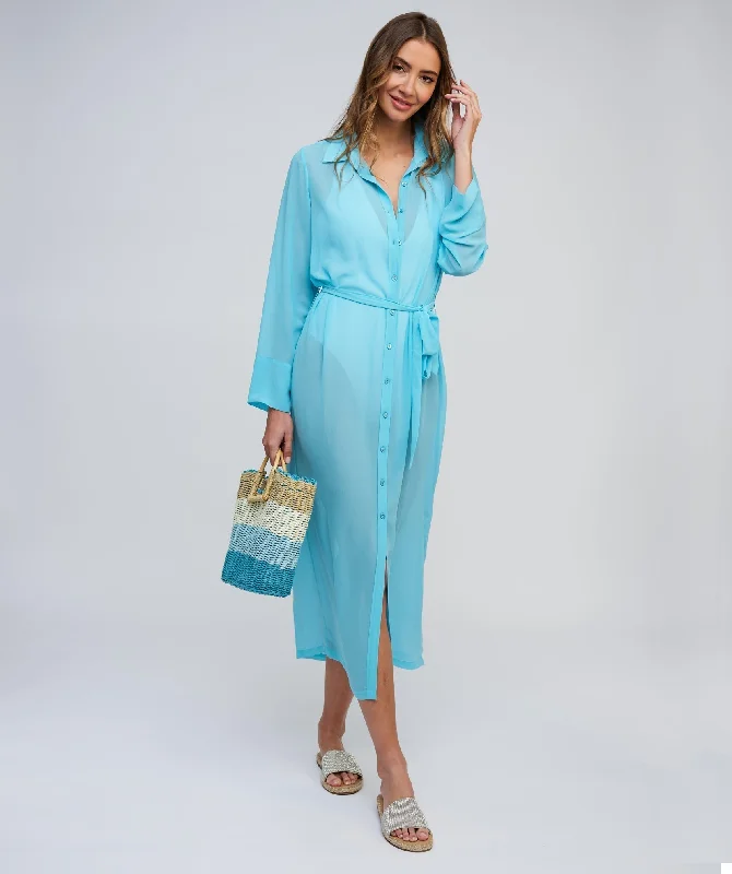 Women’s cover-up glitter mesh chic -Pale Turquoise Sheer Maxi Shirt Dress