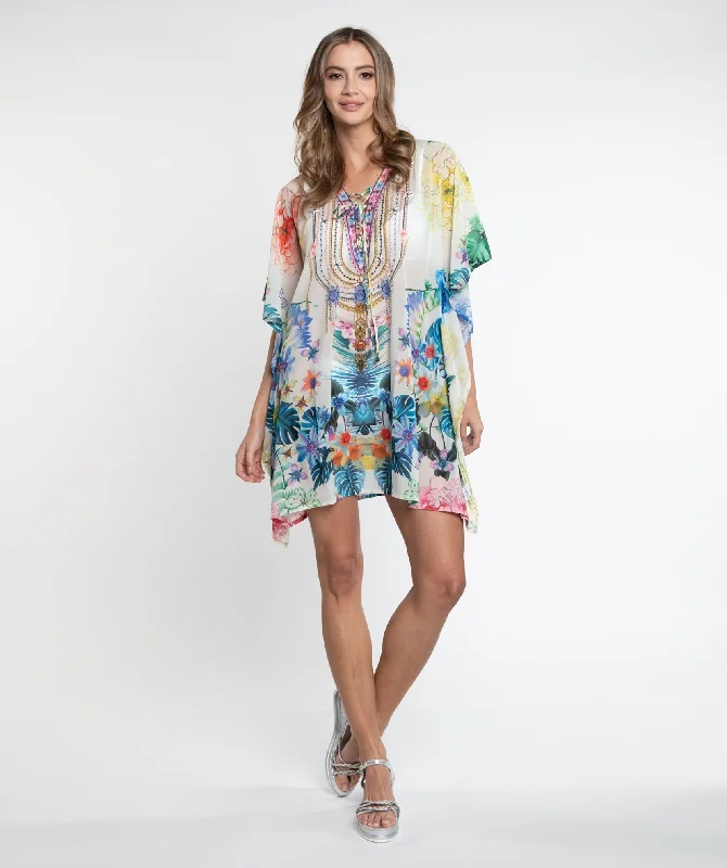 Women’s cover-up cruise embossed flair -Sky Blue Floral Print Slip-on Beach Cover-up