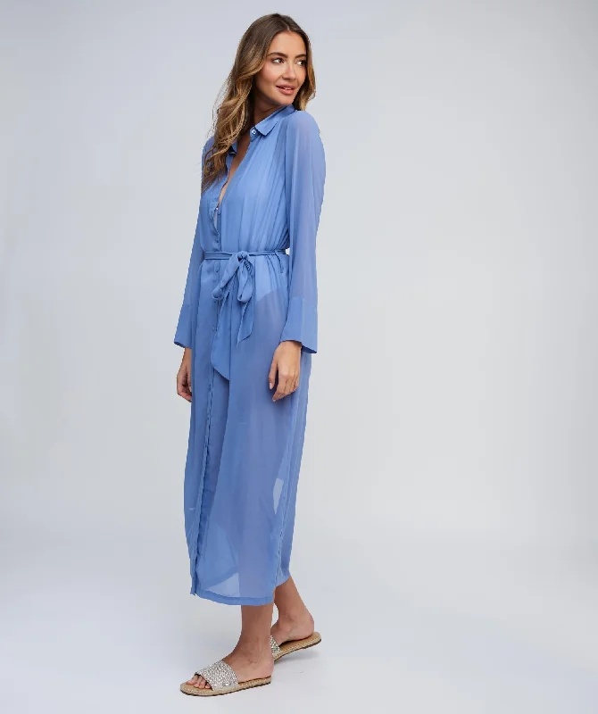 Women’s cover-up knit textured chic -Royal Blue Sheer Maxi Shirt Dress