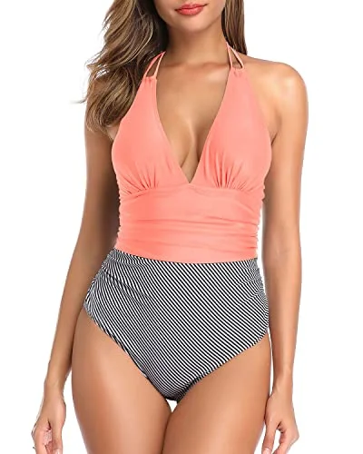 ladies one-piece swimsuit cane fabric -Flattering & Charming Tummy Control Halter One Piece Swimsuit Women-Coral Pink Stripe