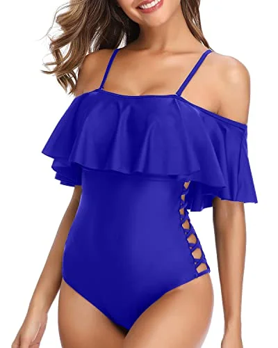 ladies one-piece swimsuit wave detail -Strapless Ruffle One Piece Swimsuits For Ladies-Royal Blue