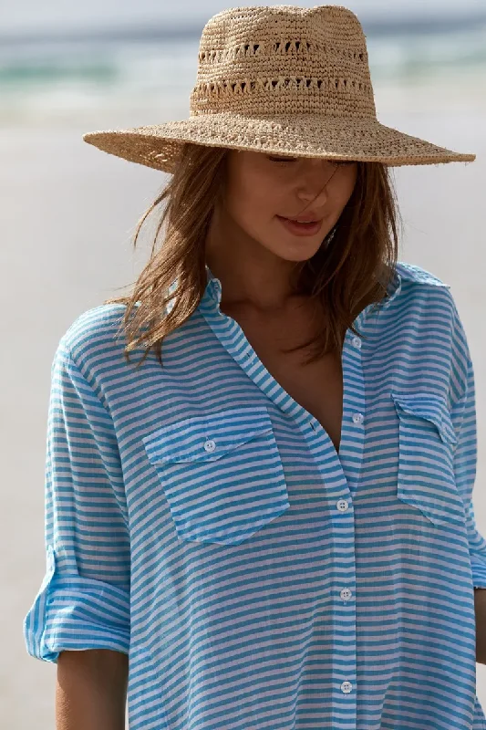 Women’s cover-up round neck satin flair -Sunseeker Summer Stripe Button Through Shirt Teal