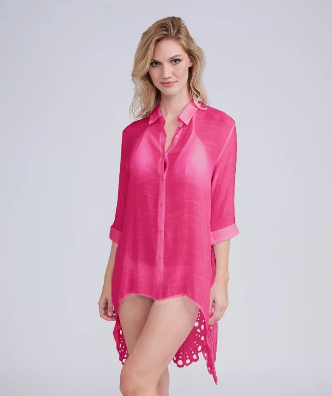 Women’s cover-up open front satin flair -Hot Pink Cotton Lace Shirt Cover-up