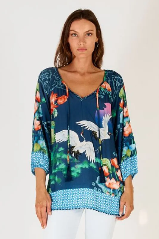 Women’s cover-up sunset linen glow -Lula Soul Yoshiko Print Shirt Blue