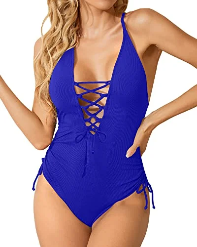 ladies one-piece swimsuit seashell print -Sexy Cross Back Straps One Piece Swimsuit For Women-Royal Blue