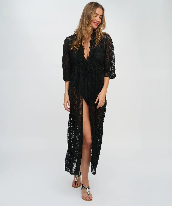 Women’s cover-up fringe perforated glow -Black Floral Lace Maxi Kimono