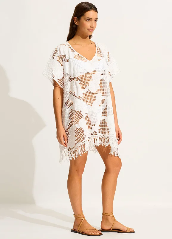 Women’s cover-up sleek studded chic -Mesh Kaftan - White