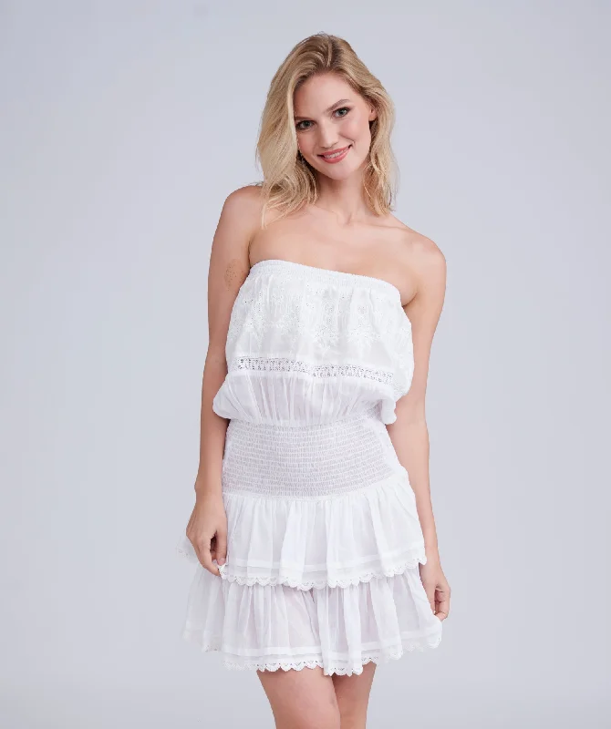 Women’s cover-up flowy perforated flair -White Strapless Lace Bandeau Beach Dress